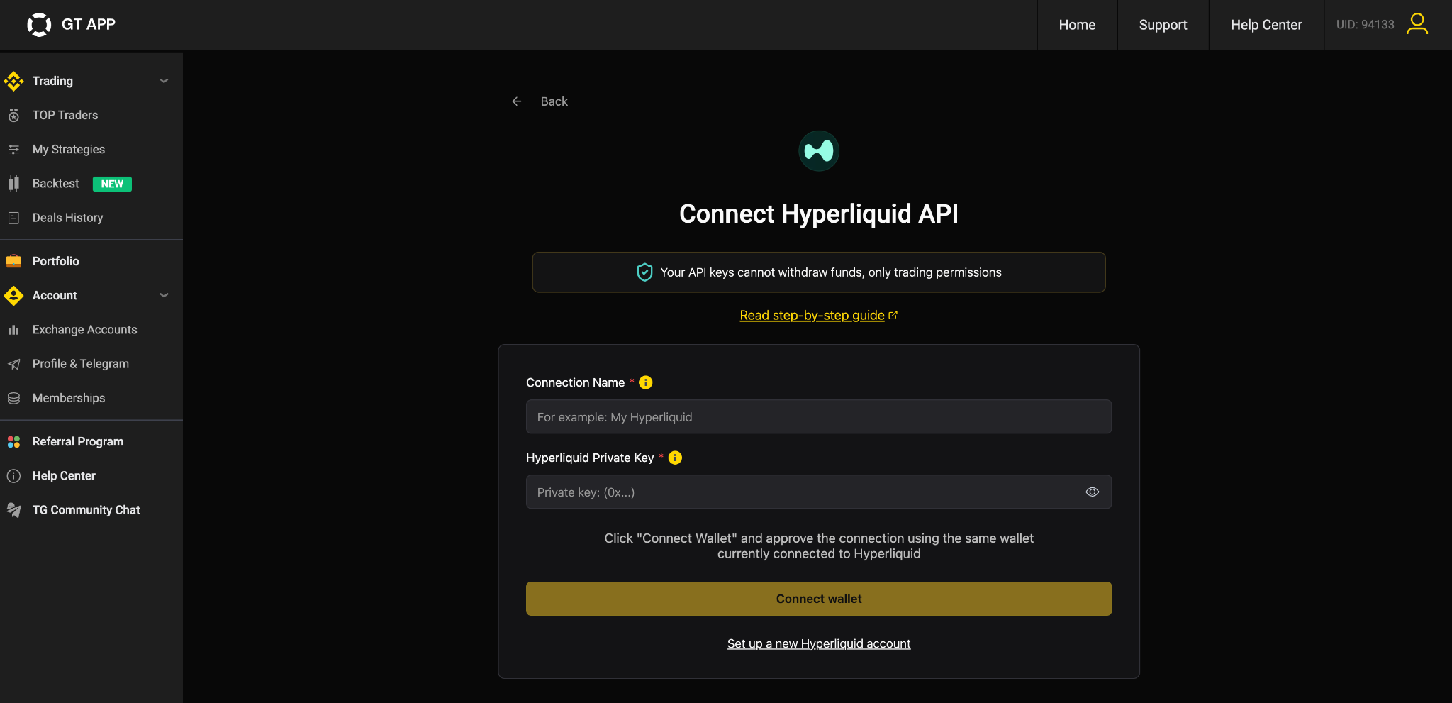 2. Link your Hyperliquid to GT App account