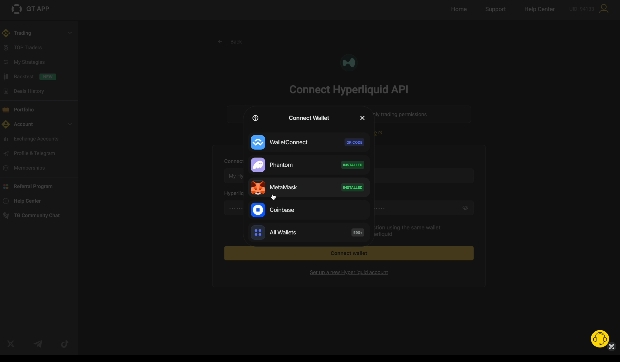 2. Link your Hyperliquid to GT App account